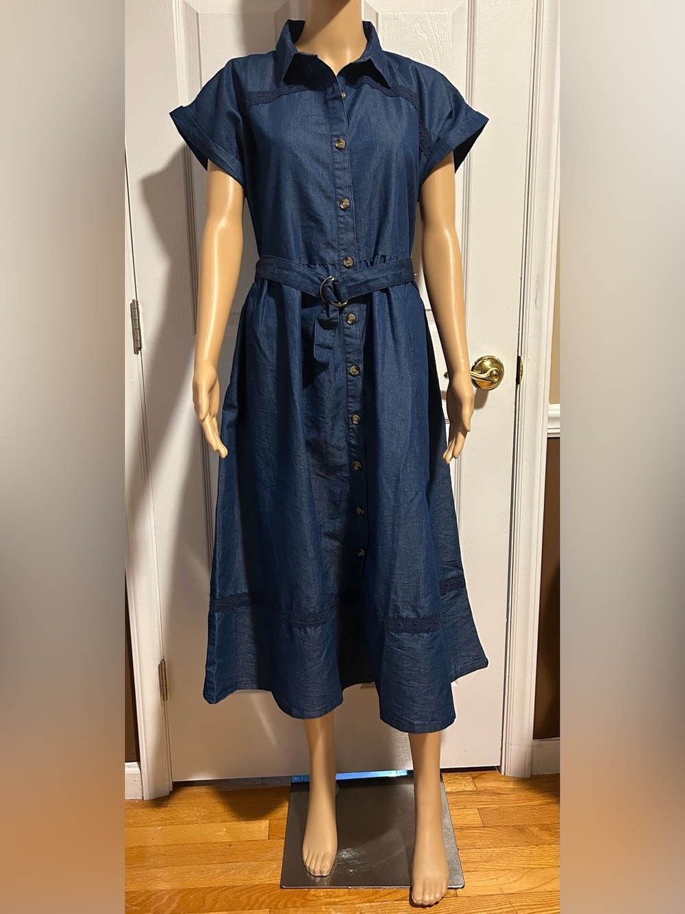 Falling Flower Button-Front Denim Midi Shirt Dress w/Waist Tie & Pockets ~ XL